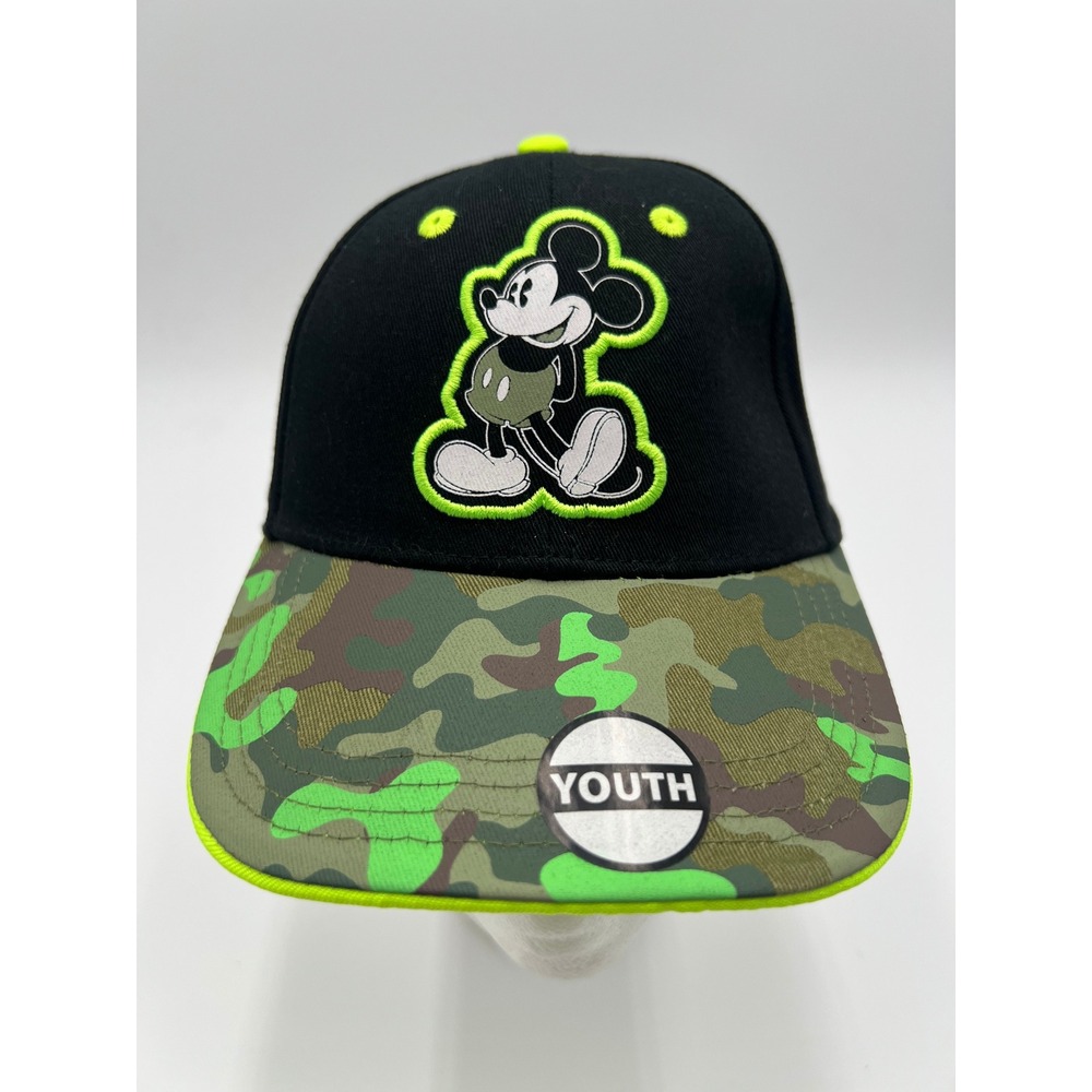 Disney Mickey Mouse Youth Baseball Cap Camo Neon Green Black Hat Jerry Leigh NEW